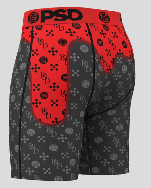 Red and black PSD boxer briefs with repeating logo and geometric pattern print throughout.