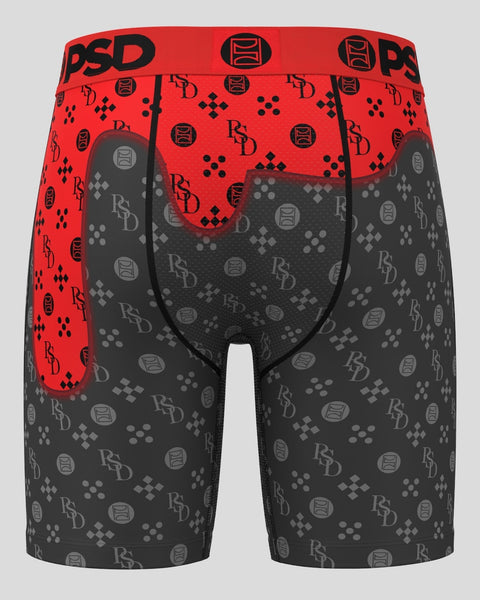 Red and charcoal boxer briefs with PSD waistband and repeating geometric and logo pattern throughout.