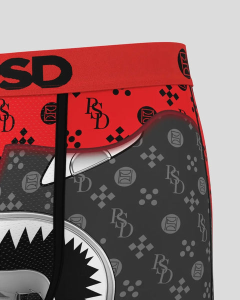 Red and black boxer briefs with repeating logo pattern and contrasting waistband.