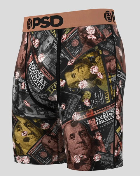 Men's boxer briefs with tan PSD waistband featuring currency portraits and metallic pink floral print throughout.