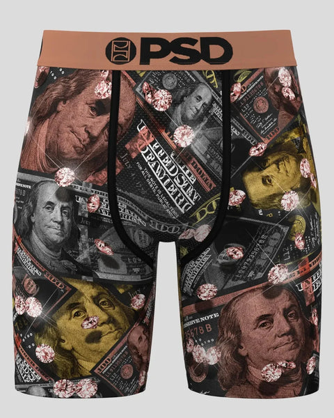 PSD boxer briefs with tan waistband featuring currency imagery, portraits, and pink floral patterns on black background.