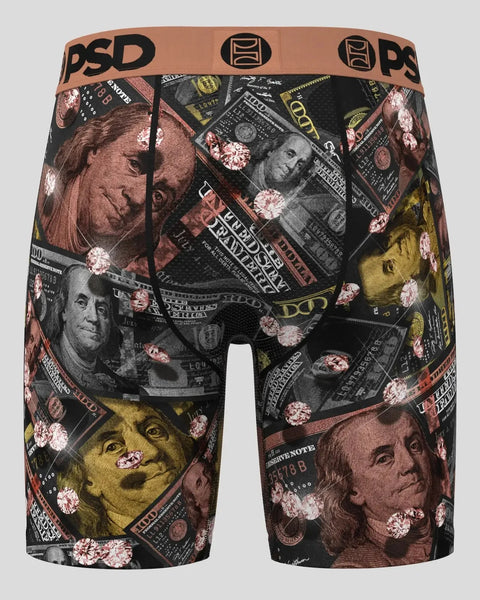 PSD boxer briefs with metallic gold, rose, and black currency and floral print throughout.