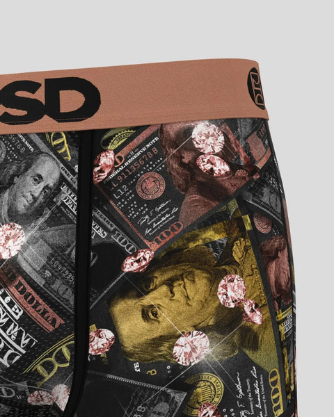 Metallic Benjis patterned underwear with tan waistband, featuring currency imagery, portrait engravings, and pink floral acce