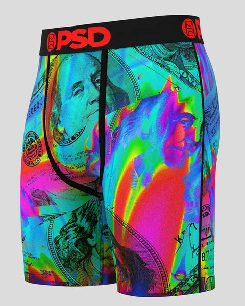 PSD boxer briefs with black waistband featuring neon multicolored thermal imagery of currency and portraits.