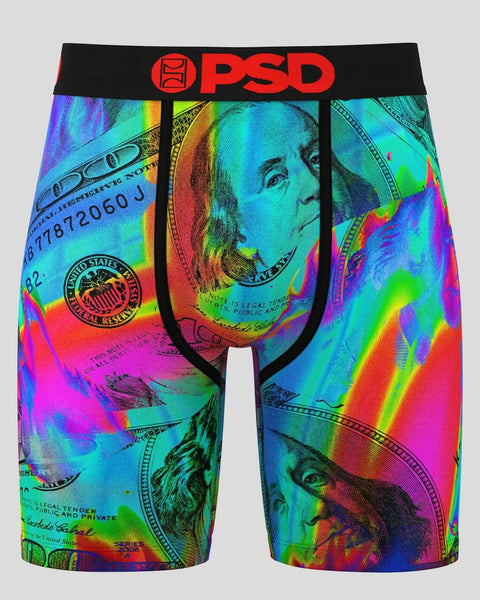 PSD brand boxer briefs with black waistband and vibrant rainbow-colored currency note design throughout.