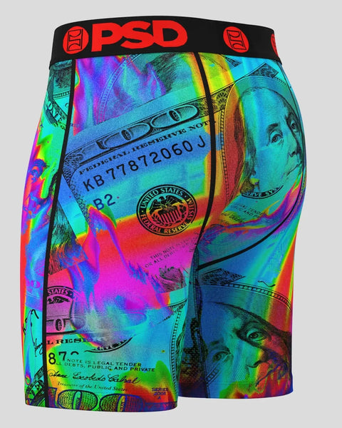 PSD boxer briefs with black waistband and multicolored thermal print of U.S. currency imagery.