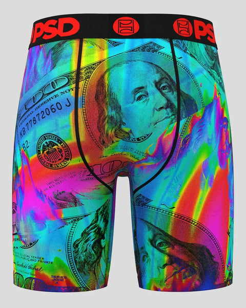PSD thermal shorts with multicolored rainbow dollar bill print and black waistband with logo.