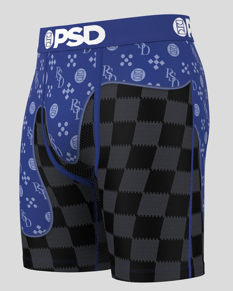 PSD boxer briefs with navy blue patterned waistband and black and gray checkered body panel.