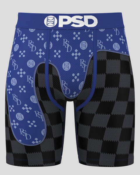 PSD boxer briefs with blue waistband, blue patterned front panel with geometric designs, and black checkered back panel.