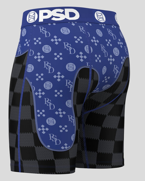 PSD boxer briefs with blue waistband, blue patterned front panel with geometric designs, and black and gray checkered sides.