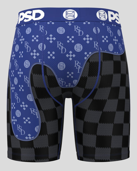 PSD boxer briefs with blue patterned waistband and black checkerboard body with blue stitching.
