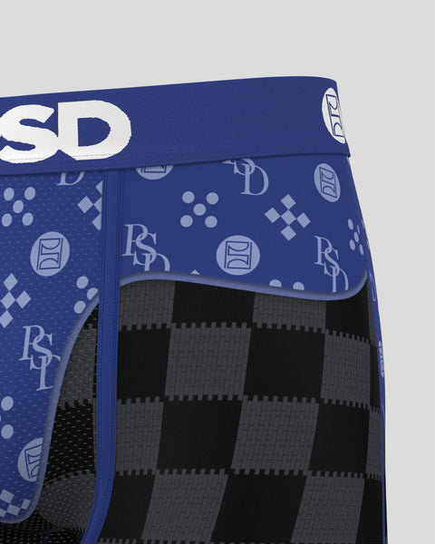 Navy blue boxer briefs with white waistband logo, patterned exterior with geometric and brand motifs, black and gray checkere