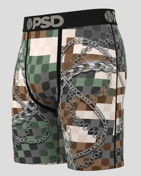 PSD boxer briefs with green, brown, and cream checkered pattern and silver chain graphic design.