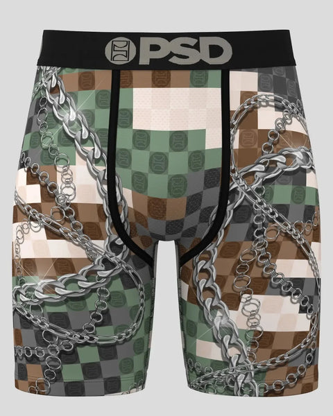 PSD Army boxer briefs with black waistband, multicolor checkered pattern, and silver chain graphic print.