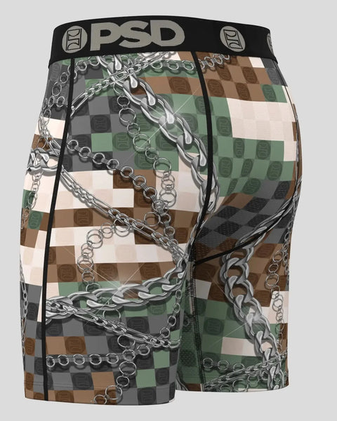 PSD boxer briefs with black waistband, multicolor checkerboard pattern, and silver chain graphic print.