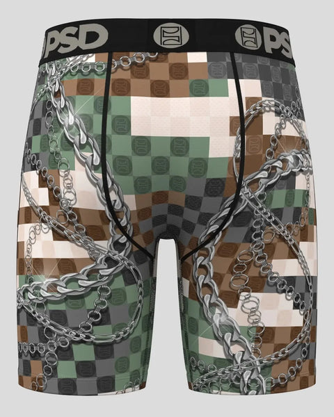 PSD Army boxer briefs with multicolor checkered pattern and silver chain graphic print.