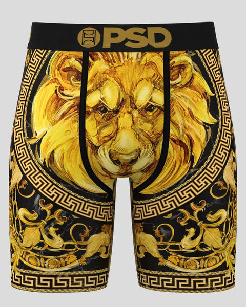 Black and gold boxer briefs with lion head design, Greek key pattern borders, and PSD waistband.