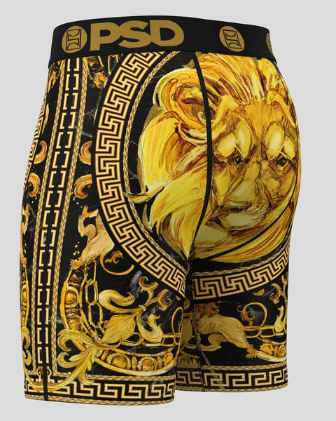 PSD boxer briefs with black and gold Greek-inspired patterns including meander designs, ornamental scrolls, and classical mot