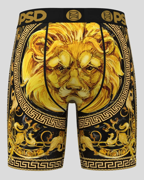 Black and gold boxer briefs with lion head print, Greek key pattern, and ornamental flourishes.