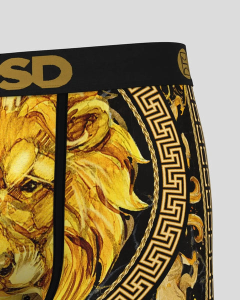 Black and gold patterned boxer brief with lion imagery and Greek geometric border design.