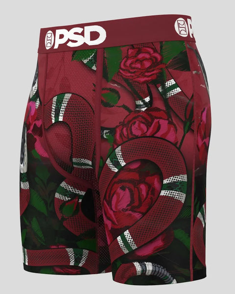 PSD boxer briefs with red rose and green leaf pattern on burgundy background and white waistband.