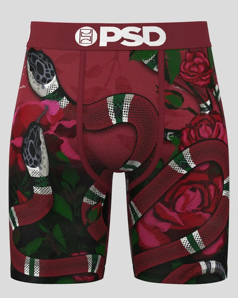 PSD red kingsnake with green leaves and white stripe pattern boxer briefs.