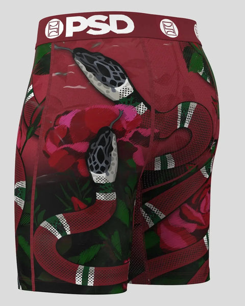 PSD boxer briefs with red kingsnake and green leaf print pattern on burgundy background.