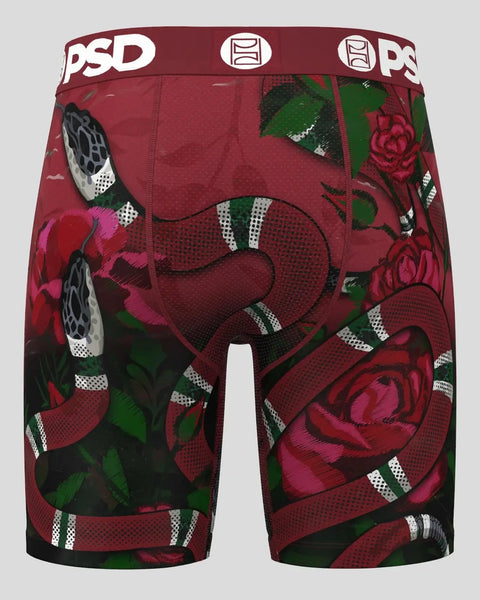 PSD Kingsnake boxer briefs with red and black snake pattern, white stripe bands, and red roses on maroon background.