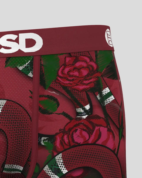 Burgundy boxer briefs with red roses and green leaves printed on fabric, white waistband with brand logo visible.