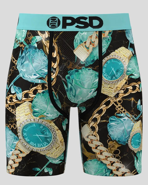 PSD boxer briefs with turquoise ice crystal and gold chain link pattern on black background.