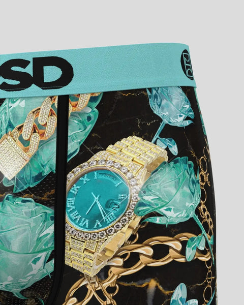 Turquoise waistband with black text and graphic print of gold watch, chains, and gemstones on black background.