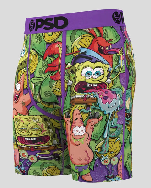 PSD boxer briefs featuring SpongeBob, Patrick, and Krusty Krab characters with money and food prints on purple and green back
