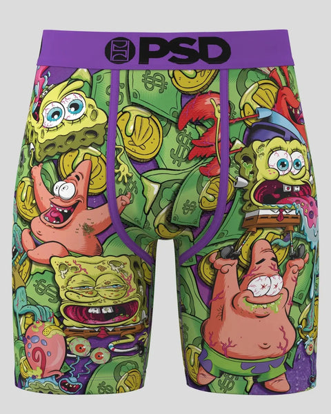 PSD men's boxer briefs with purple waistband featuring SpongeBob SquarePants and Patrick Star characters with money and food 