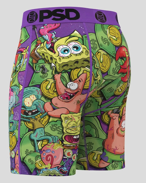 PSD shorts featuring SpongeBob and Patrick surrounded by money and Krusty Krab imagery on purple and green background.