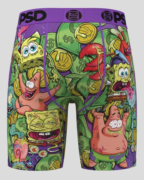 Purple and green SpongeBob SquarePants boxer shorts with cartoon characters and dollar bill graphics.