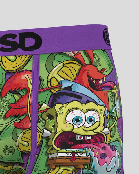 Yellow sponge character with large eyes holding a pink piggy bank, surrounded by red crabs and yellow food items on purple wa