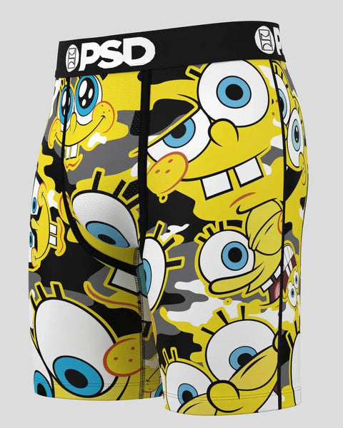 PSD men's boxer briefs with SpongeBob SquarePants character faces in yellow, black, and gray camouflage pattern.