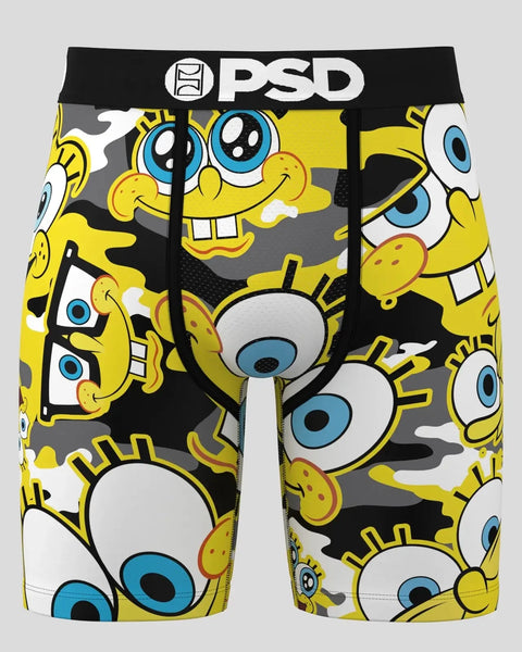 PSD boxer briefs with repeating SpongeBob SquarePants character heads on black, yellow, and gray camouflage background.