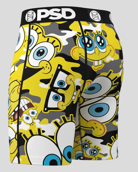 PSD brand underwear with SpongeBob SquarePants character print in yellow, gray, and white camouflage pattern.
