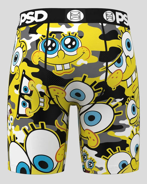 SpongeBob SquarePants boxer shorts with camouflage pattern in yellow, black, and gray with character faces and PSD waistband.