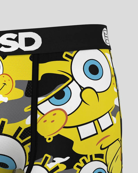 Yellow SpongeBob SquarePants character with large blue eyes on black waistband with 