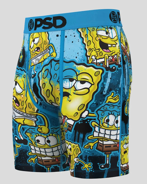 PSD boxers with blue waistband featuring yellow SpongeBob characters in various poses on light blue background.