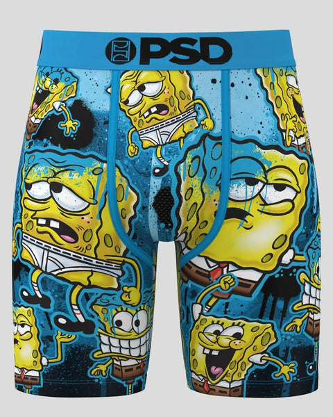 PSD brand boxer briefs with blue waistband featuring SpongeBob SquarePants characters in yellow and blue print.