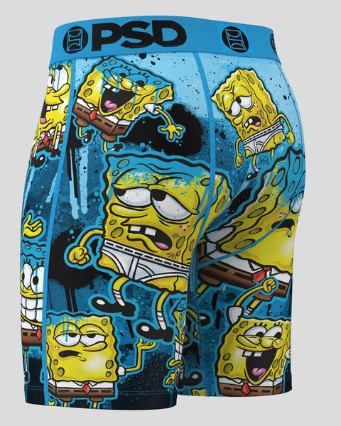 Blue PSD boxer briefs with SpongeBob SquarePants characters in various expressions and poses against splattered background.