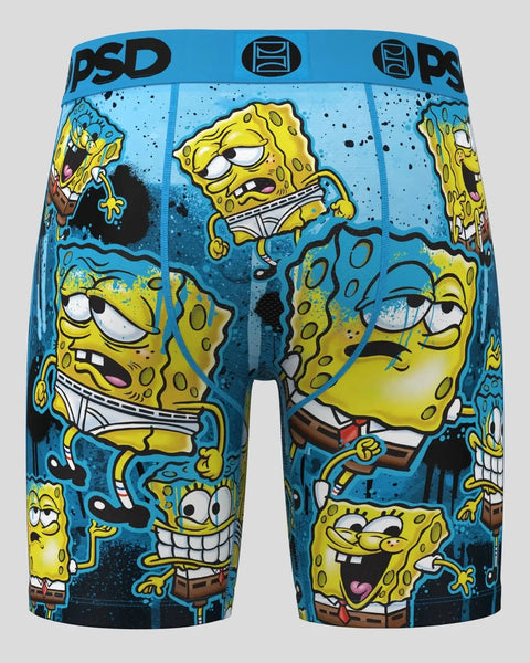PSD brand SpongeBob SquarePants boxer briefs with yellow character print and blue waistband.
