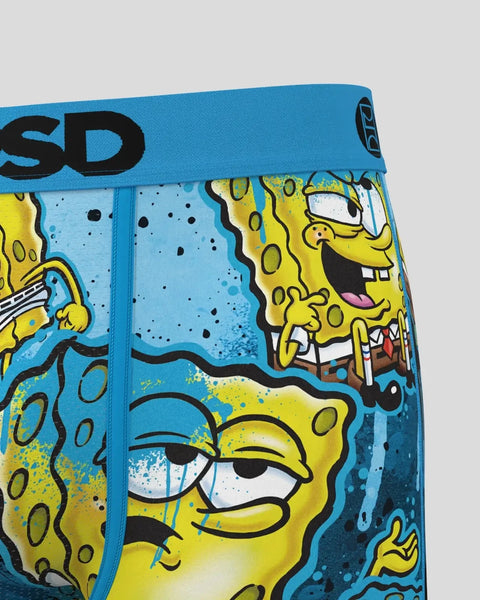SpongeBob SquarePants character printed on blue and yellow boxer briefs with blue waistband.