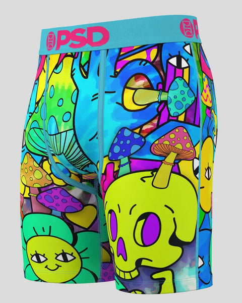 PSD boxer briefs with colorful psychedelic print featuring mushrooms, skulls, and abstract designs in neon yellow, blue, pink
