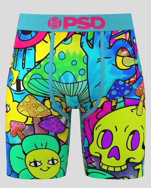 PSD boxer briefs with turquoise waistband and colorful psychedelic print featuring mushrooms, skulls, and abstract shapes.