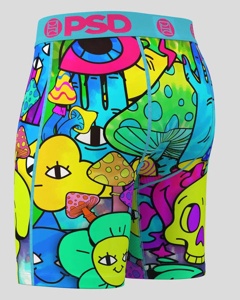 PSD brand boxer briefs with vibrant multicolored psychedelic print featuring abstract faces, eyes, and organic shapes in neon