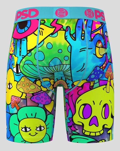 Colorful PSD boxer briefs with bright neon psychedelic design featuring mushrooms, eyes, and abstract shapes in yellow, green
